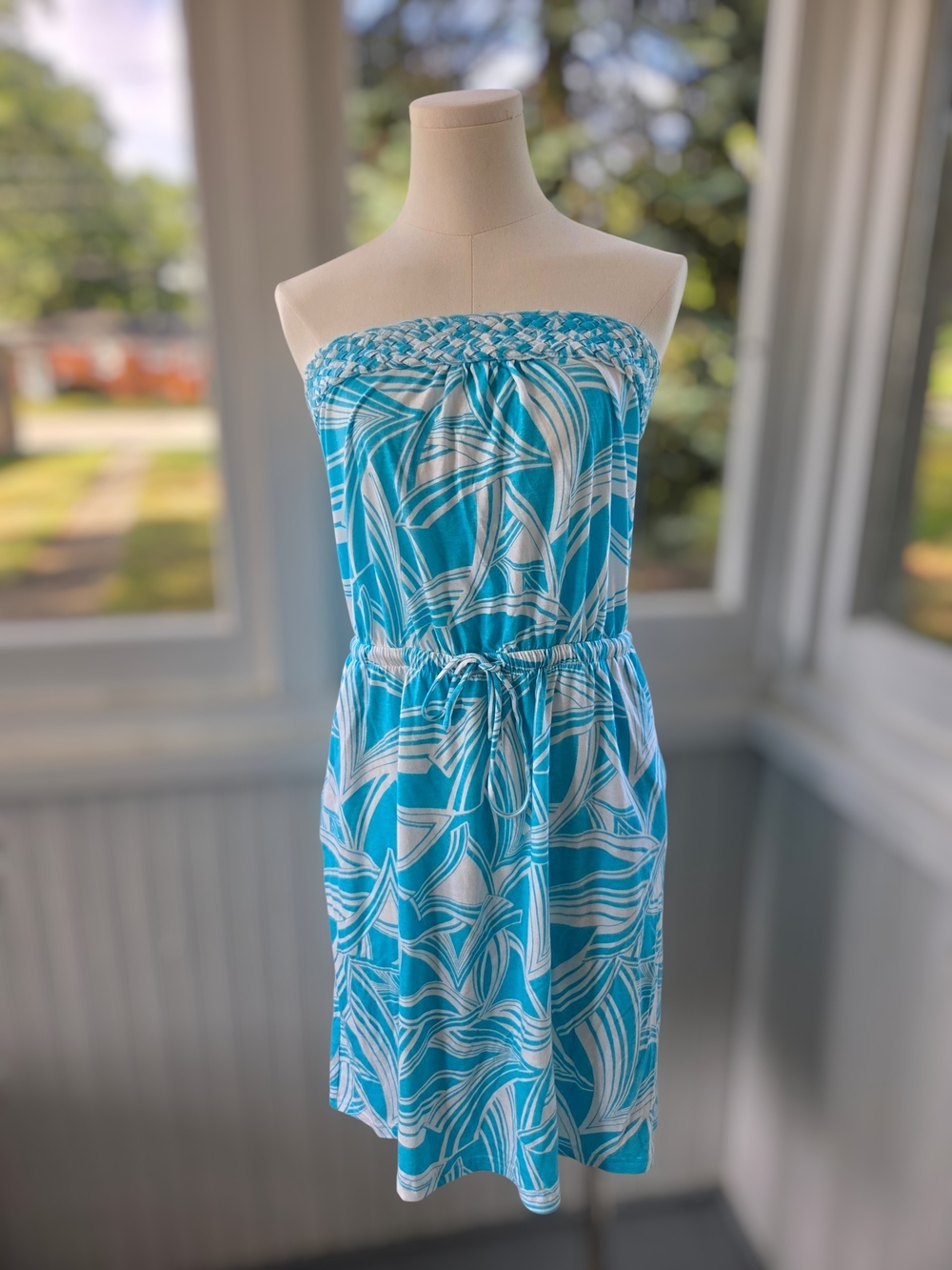 Banana Republic Turquoise Blue Abstract Strapless Braided Bust Sundress- Medium